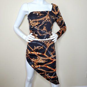 Touch Me Black/Bronze Chain Print One Shoulder Blouse with Asymmetric Skirt SZ L